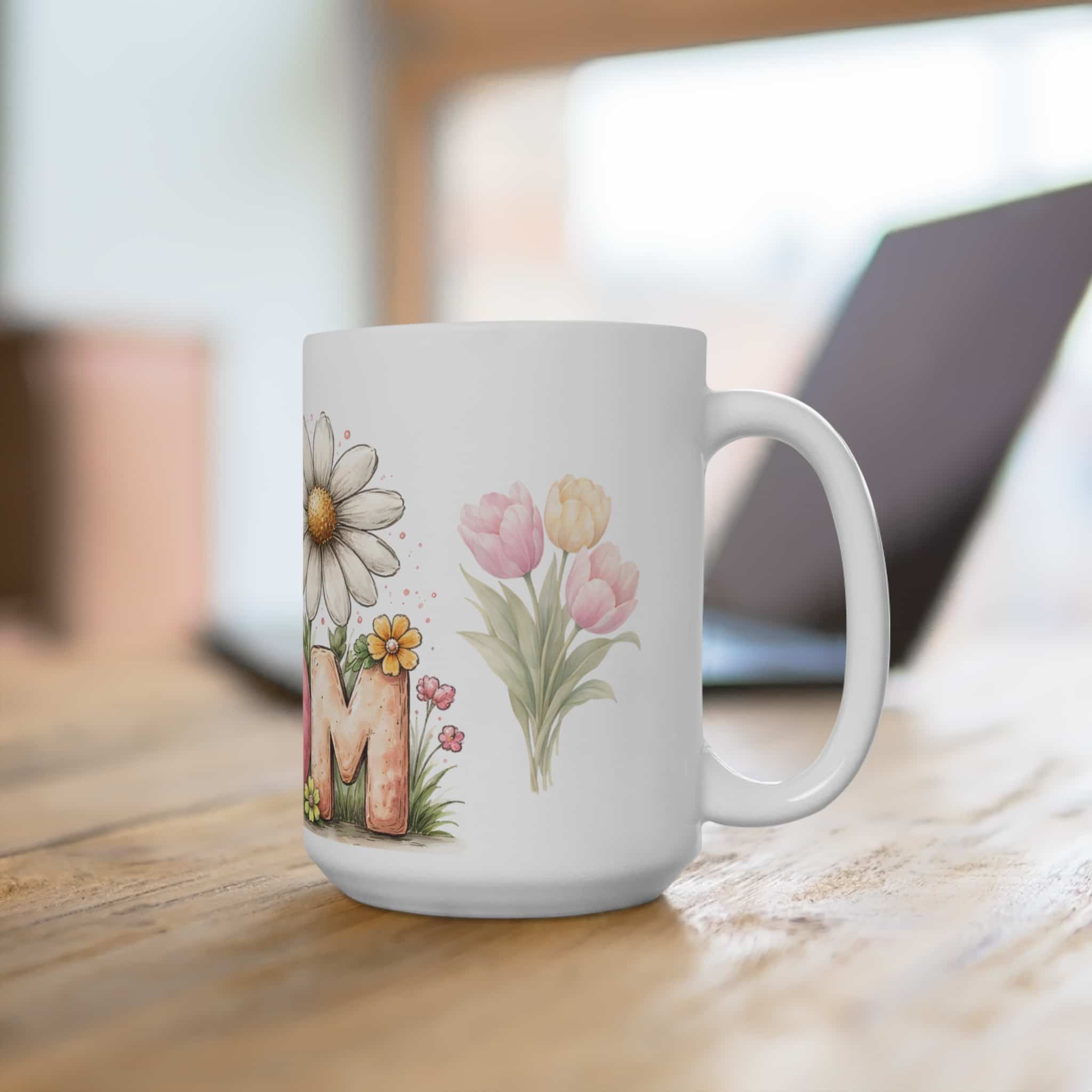 Floral MOM Letters Mug | Pink Daisies and Tulips 15oz - Image 4
