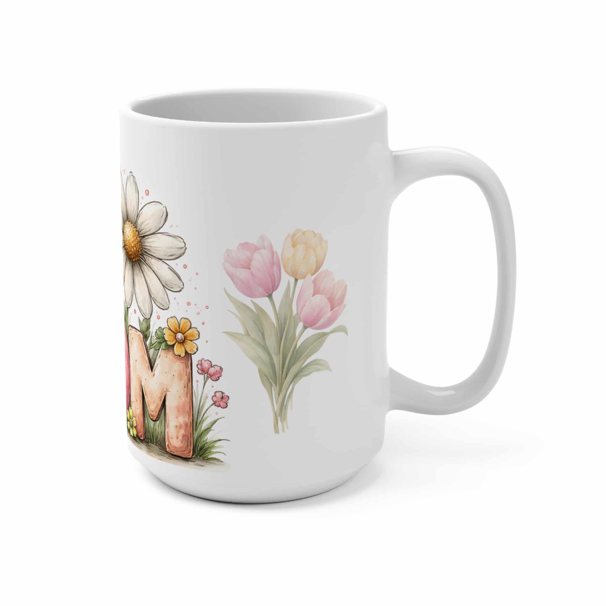 Floral MOM Letters Mug | Pink Daisies and Tulips 15oz - Image 2