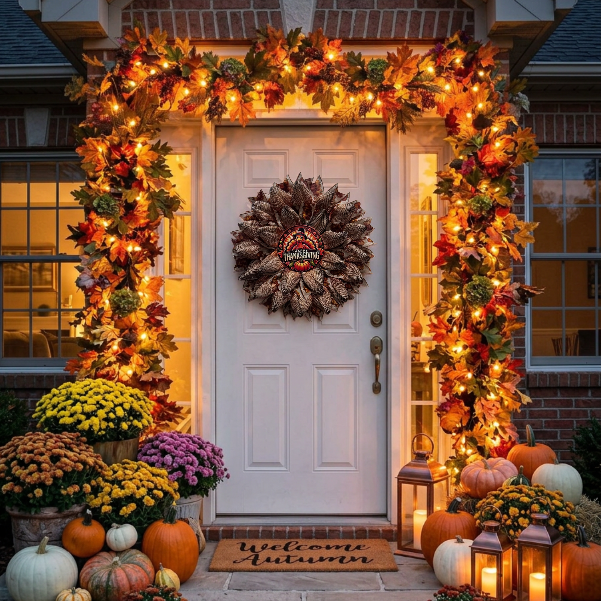 Thanksgiving Mockup **Alt Text:** A warmly decorated front porch welcomes autumn with glowing string lights woven through a lush fall leaf garland framing a white front door. A large rustic Thanksgiving wreath hangs at the center of the door, while colorful potted chrysanthemums in yellow, orange, and purple line the entryway. Assorted pumpkins and gourds are arranged around the porch alongside lanterns with flickering candles. A doormat reading “Welcome Autumn” completes the cozy seasonal display against a brick home backdrop at dusk.
